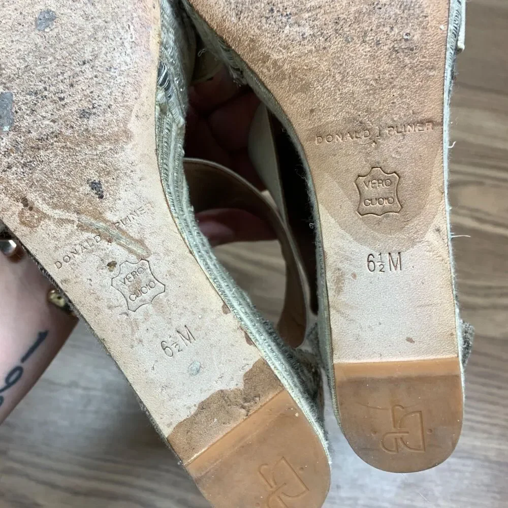 Donald Pliner Espadrille‎ Wedge Shoes 6.5 M Ankle Strap Sandals Beige Sequin